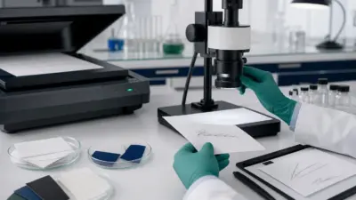 Meja laboratorium forensik dokumen dengan analis membandingkan dokumen dan analisis AI