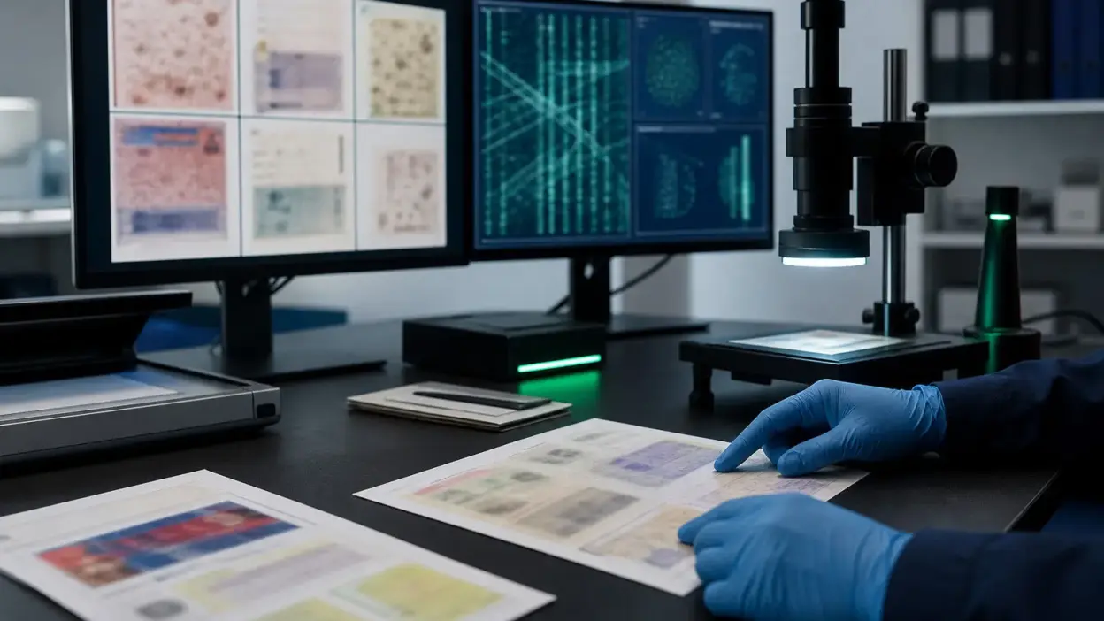 Meja laboratorium forensik dokumen memeriksa dokumen politik dengan bantuan teknologi AI