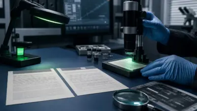 Meja laboratorium forensik dokumen dengan dokumen, mikroskop digital, dan analisis berbasis AI