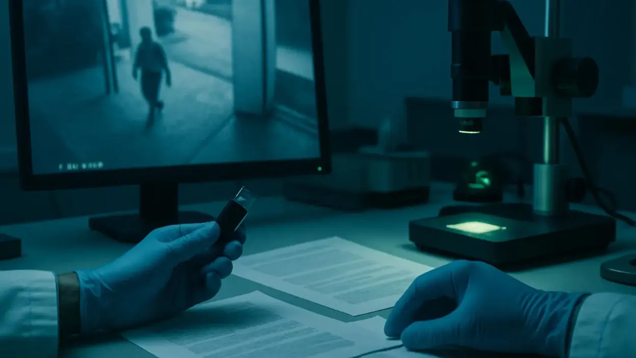 Analis di laboratorium forensik dokumen menelaah rekaman CCTV dan dokumen cetak di meja kerja