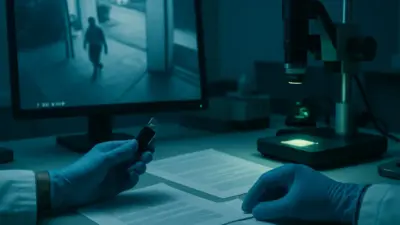 Analis di laboratorium forensik dokumen menelaah rekaman CCTV dan dokumen cetak di meja kerja